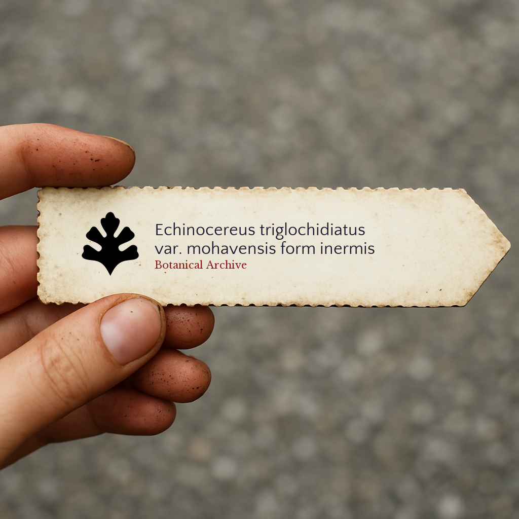 Vintage plant label for Echinocereus triglochidiatus var. mohavensis form inermis with botanical archive logo