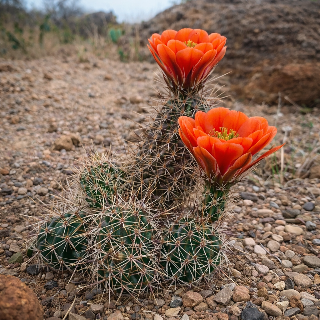 เอกิโนเซเรอัส คอกซิเนอัส วาร์. พอซิสปินัส แคคตัสพันธุ์หายากที่มีดอกสีส้มสดใสและลำต้นสีเขียวมีหนามแหลม