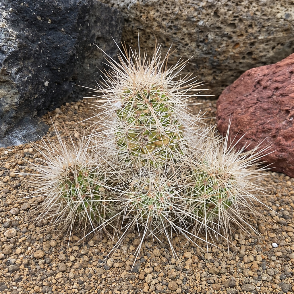 에키노세레우스 콩글로메라투스 다육 선인장, 바위가 많은 토양 위에 촘촘하고 긴 흰 가시가 있음