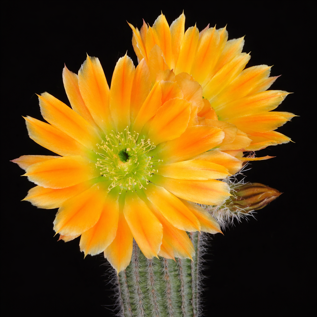 กระบองเพชร เอคิโนเซเรอัส เทนอยเดส ดอกสีส้มเหลืองสดใส และลำต้นสีเขียวมีหนามแหลม