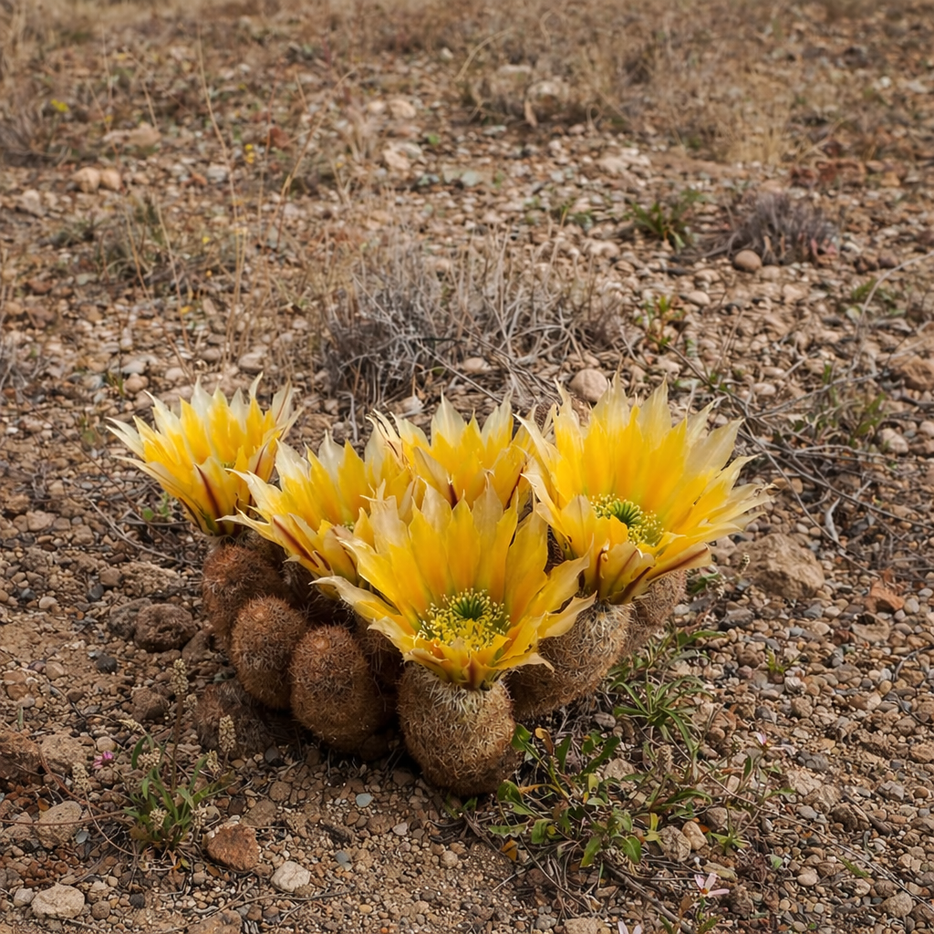 Cacto Echinocereus dasyacanthus com flores amarelas vibrantes em habitat desértico