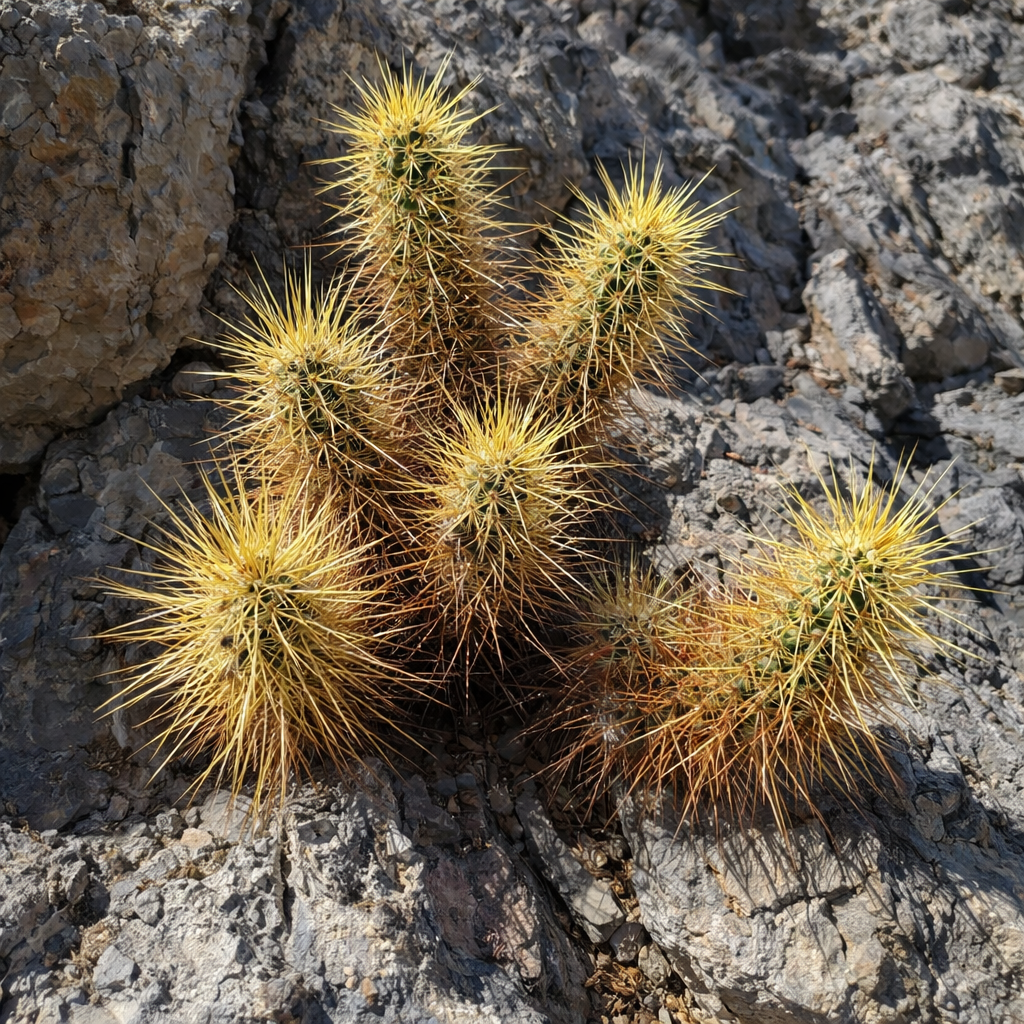 Echinocereus engelmannii var. nicholi stachliger Sukkulenten-Kaktus mit gelben und braunen scharfen Stacheln auf felsigem Boden