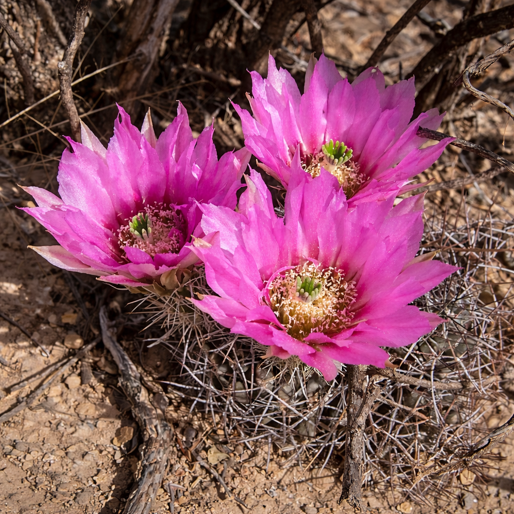 Cactus Echinocereus fendleri con fiori rosa vivaci e fusto succulento spinoso in ambiente desertico