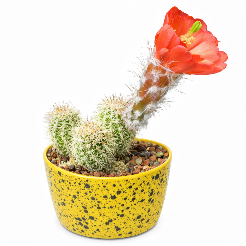 에키노세레우스 코에레스아누스 선인장, 흰 가시와 선명한 붉은 꽃이 노란 점박이 화분에 심겨 있음