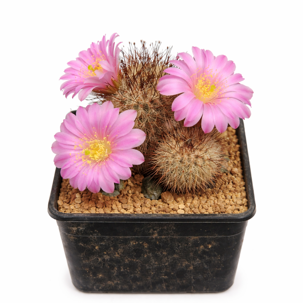 분홍색 꽃과 가시가 있는 둥근 줄기가 있는 에키노세레우스 라우이 선인장 화분