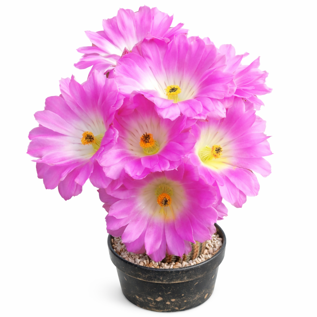 Echinocereus pectinatus-kaktus med livlige rosa og hvite, store blomstrende blomster i potte