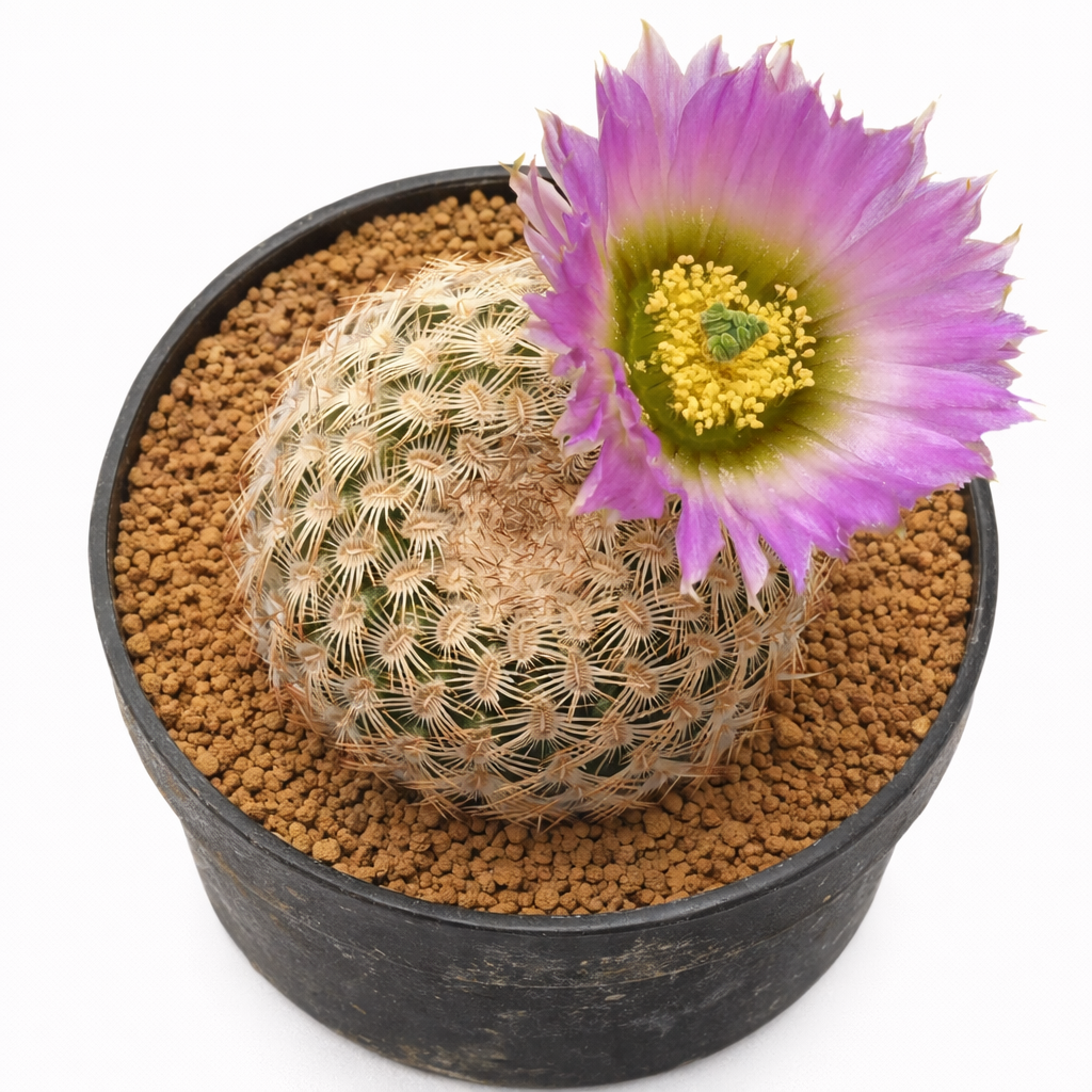 Echinocereus reichenbachii var. minor-kaktus med rosa blomst og hvite pigger i potte