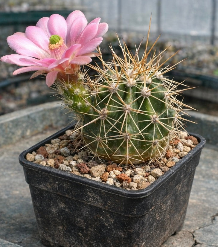 Echinocereus rosei pequeno cacto com longos espinhos e delicada flor cor-de-rosa em vaso preto
