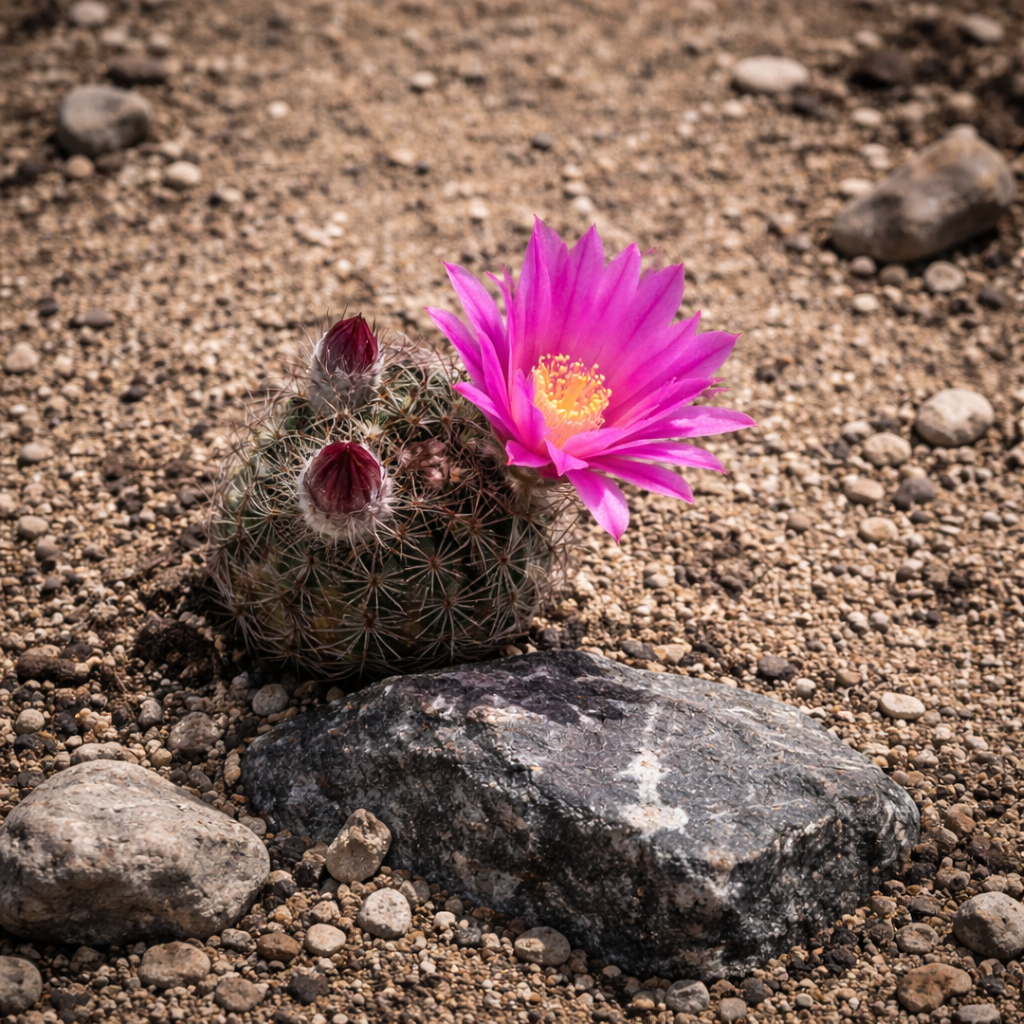 Echinocereus schwarzii liten rund kaktus med livlig rosa blomst og tornete tekstur i steinete jord
