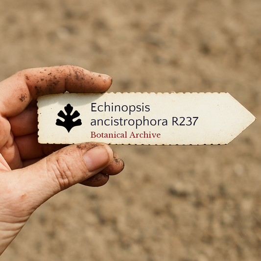 더러운 손으로 야외에서 들고 있는 에키노프시스 안키스트로포라 R237 식물 프린트 라벨