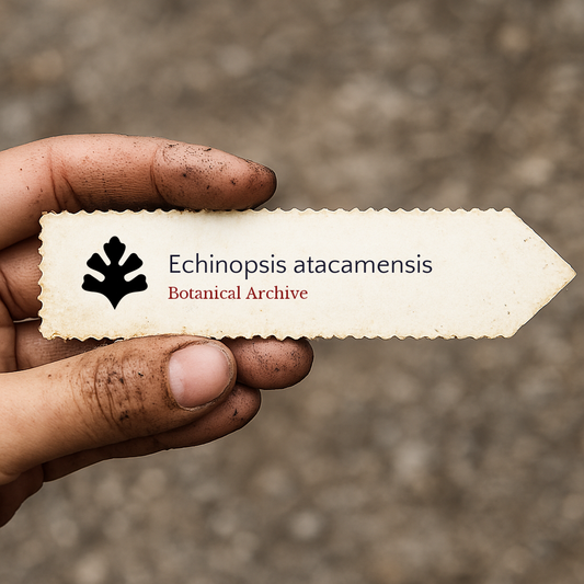 Etichetta stampata per pianta di Echinopsis atacamensis tenuta da mano sporca all'aperto