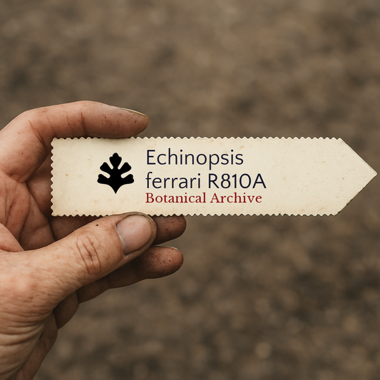 흐릿한 토양 배경에 손으로 들고 있는 에키노옵시스 페라리 R810A 식물 라벨