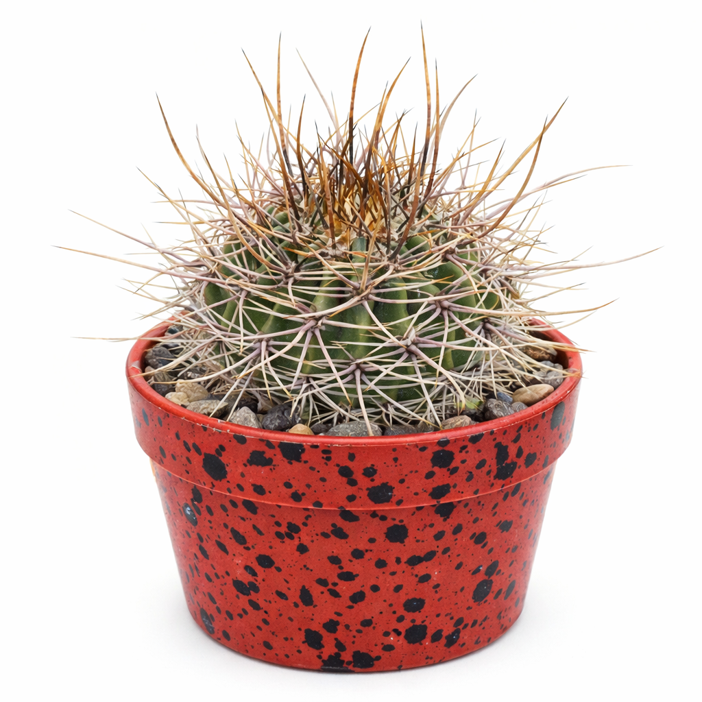 エキノプシス・ルエカンタ 小さな丸いサボテン 赤い斑点の鉢に密集した長い茶色の棘