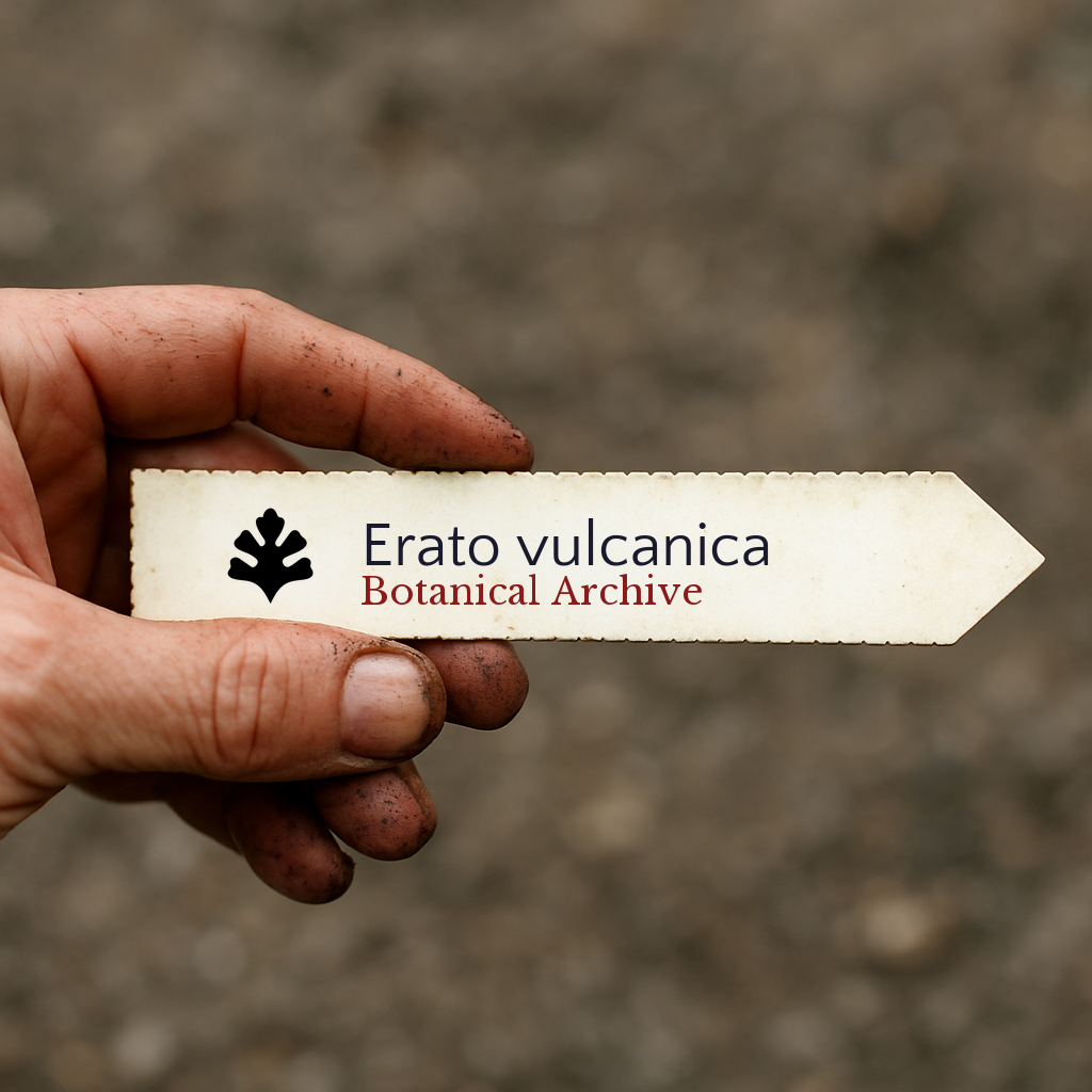 Geprinte plantenlabel voor Erato vulcanica vastgehouden met handen met aarde bevlekte vingers
