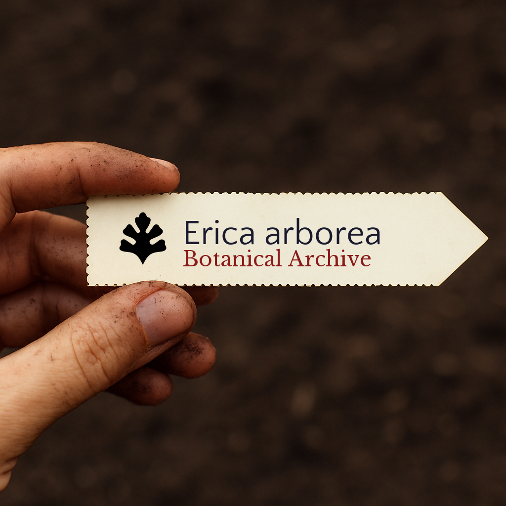 Bedrucktes Pflanzenetikett für Erica arborea von Botanical Archive, in der Hand gehalten vor Erdhintergrund