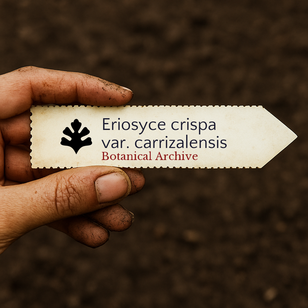 Trykt planteetikett for Eriosyce crispa var. carrizalensis holdt med skitten hånd over jordbakgrunn