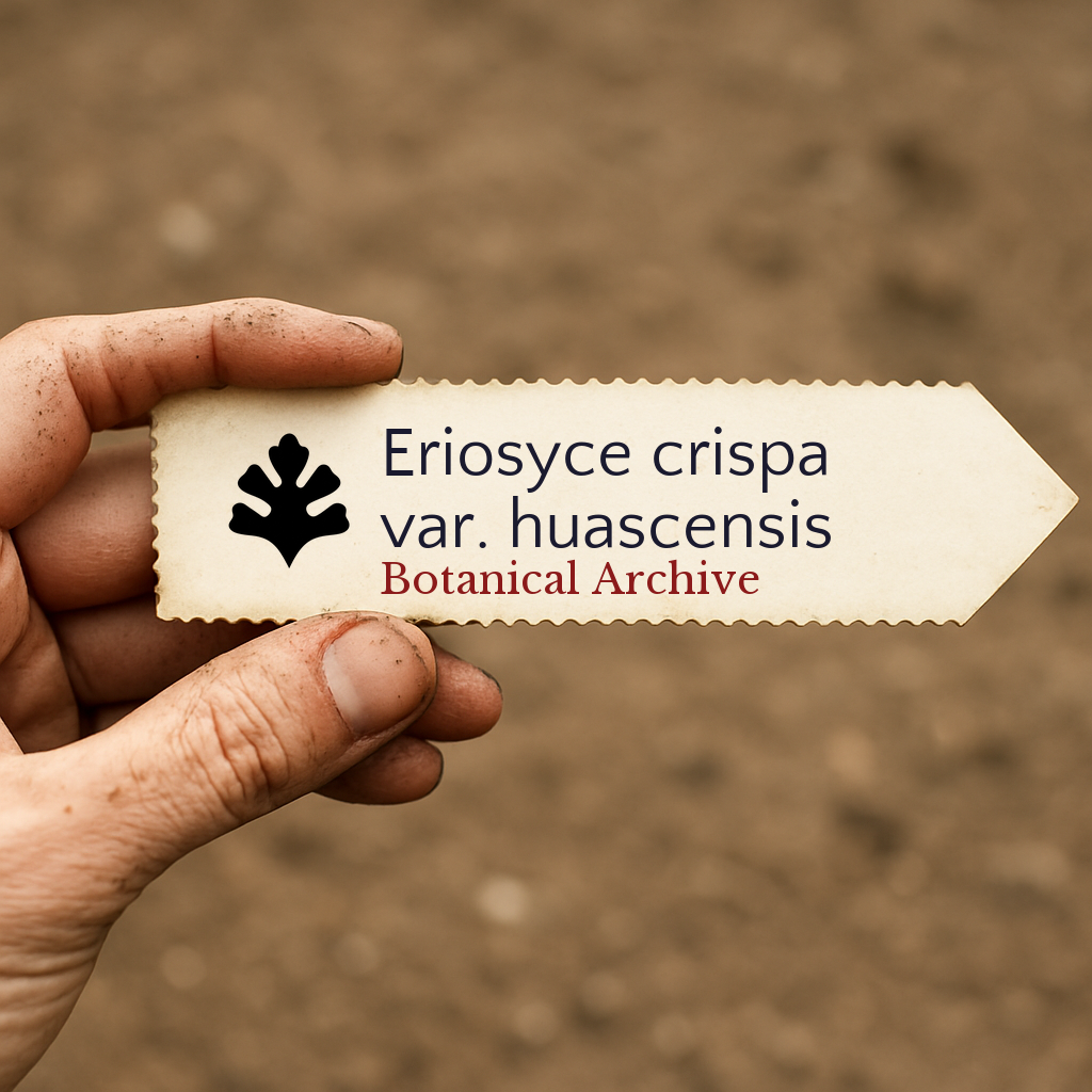 Trykt planteetikett for Eriosyce crispa var. huascensis holdt i hånden over jordbakgrunn