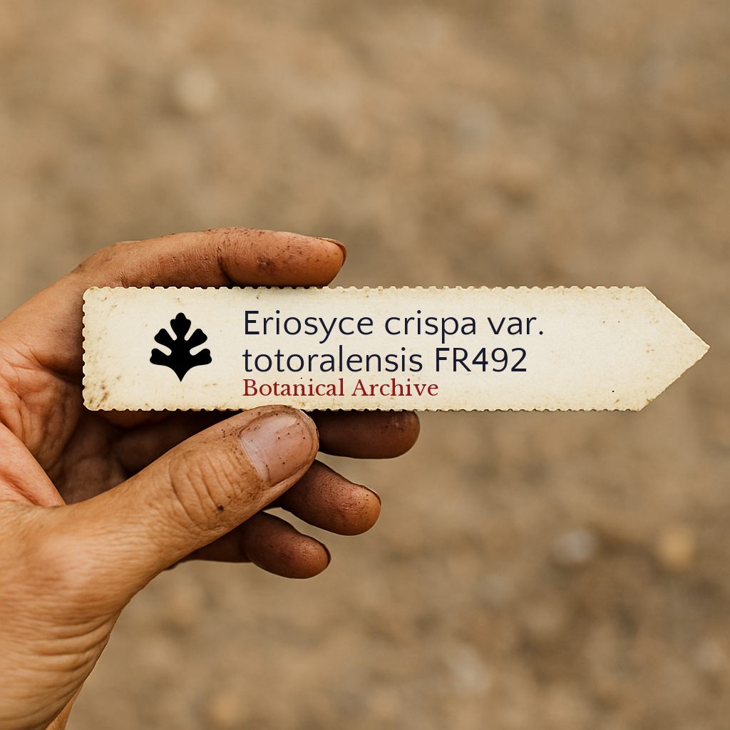 Trykt planteetikett for Eriosyce crispa var. totoralensis holdt i hånden med jordbakgrunn