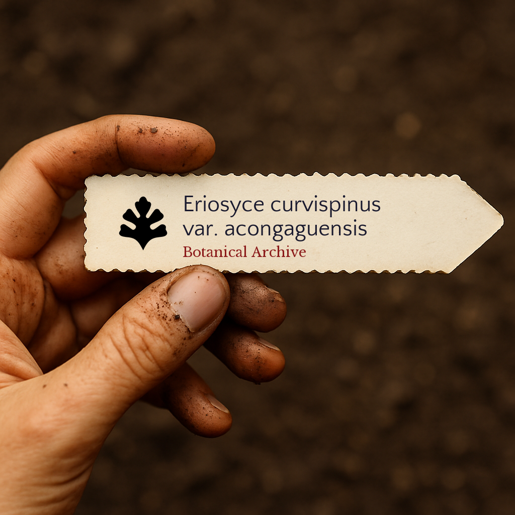 Trykket planteetikett for Eriosyce curvispinus var. acongaguensis holdt av skitten hånd