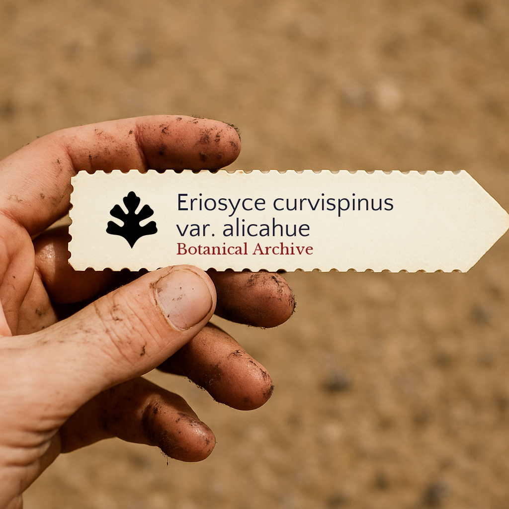 Trykt plantelapp for Eriosyce curvispinus var. alicahue holdt av en skitten hånd utendørs