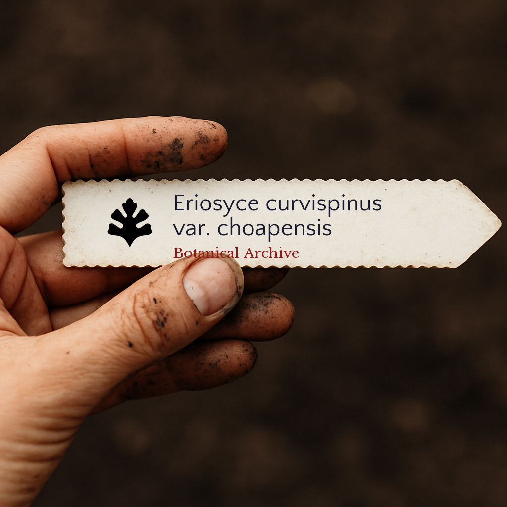 Trykt planteetikett for Eriosyce curvispinus var. choapensis holdt av skitten hånd
