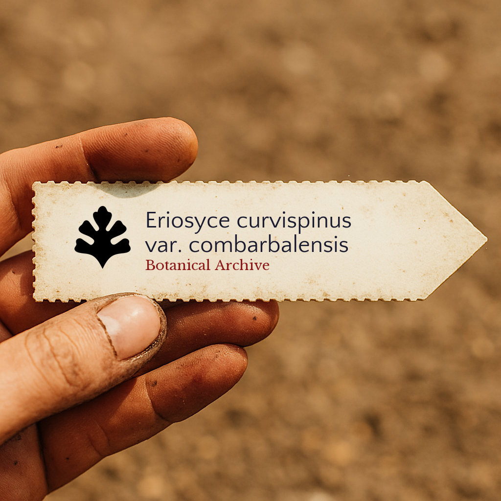 Trykt planteetikett for Eriosyce curvispinus var. combarbalensis holdt i hånden utendørs