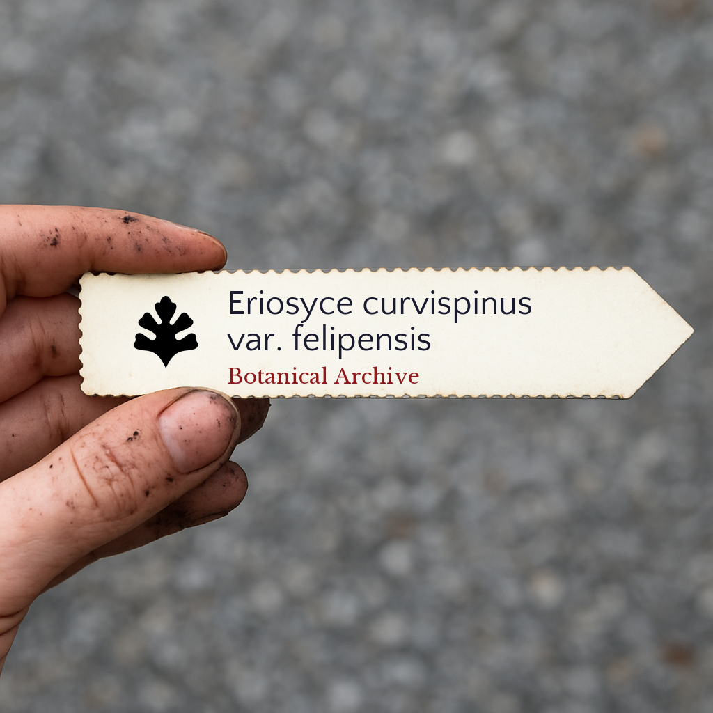 Trykt planteetikett for Eriosyce curvispinus var. felipensis holdt i hånd med jordfargede fingre