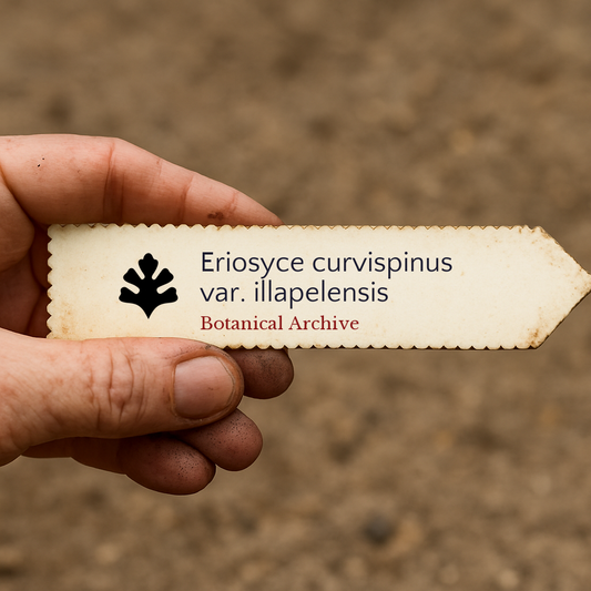 Printed plant label for Eriosyce curvispinus var. illapelensis held by hand over soil background