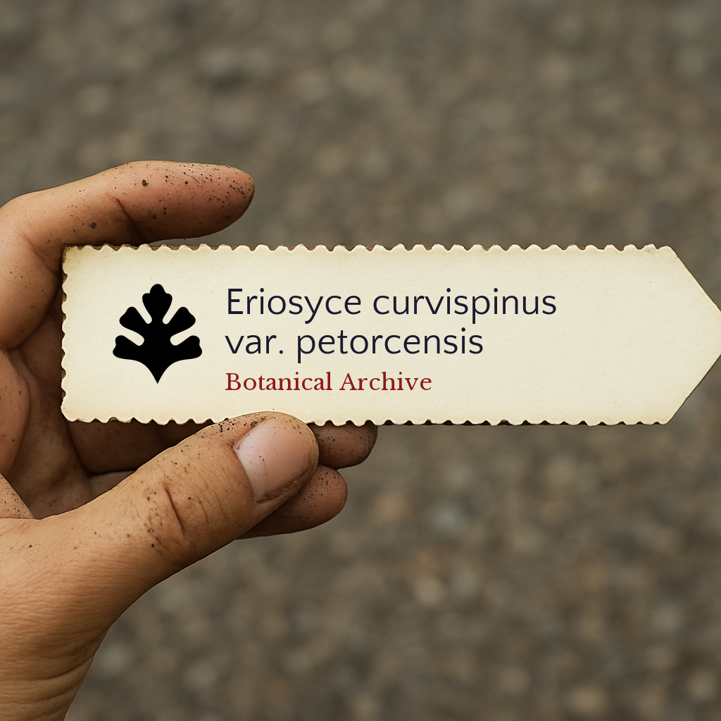 Trykt planteetikett for Eriosyce curvispinus var. petorcensis holdt i skitten hånd