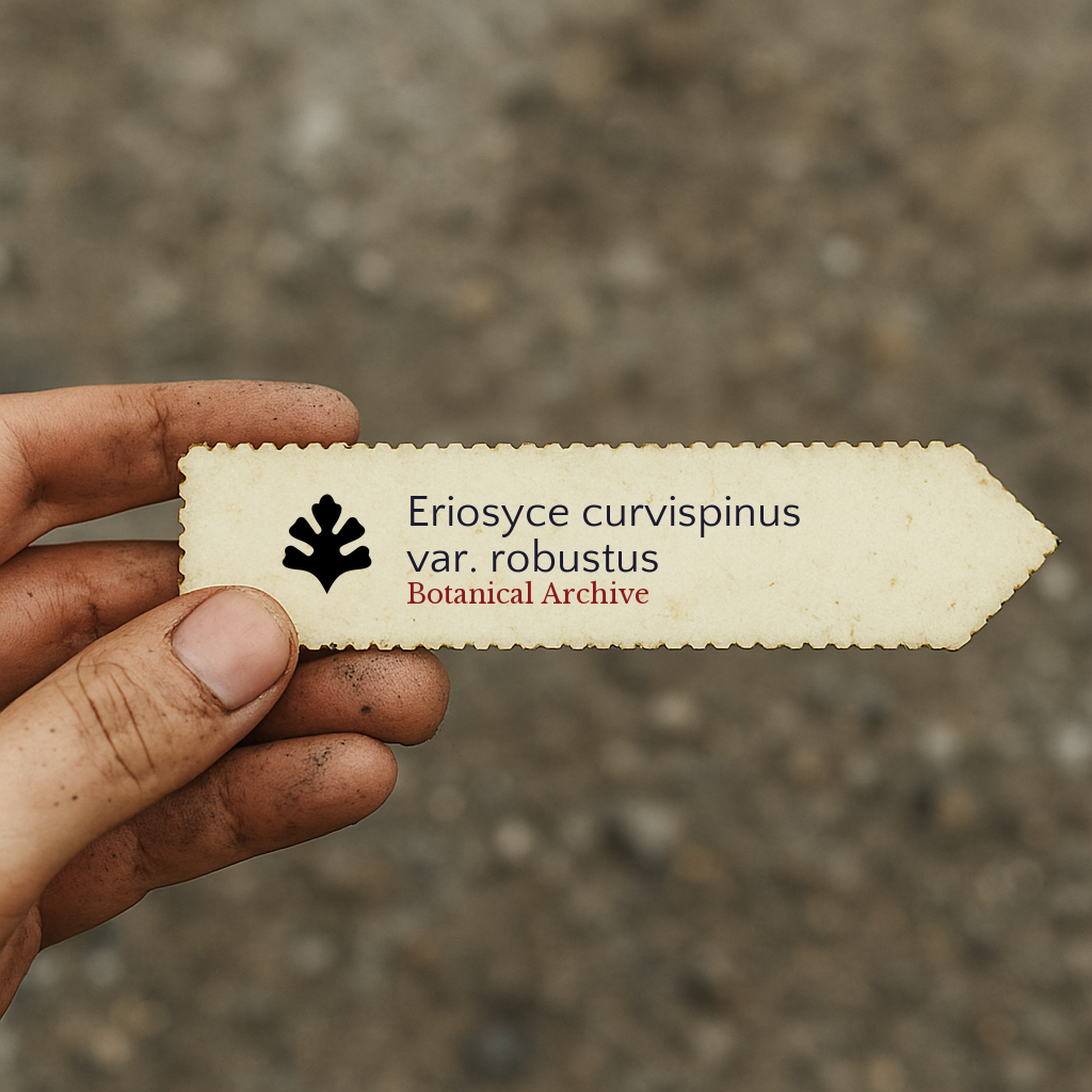 Trykt plantelapp for Eriosyce curvispinus var. robustus holdt i hånden utendørs