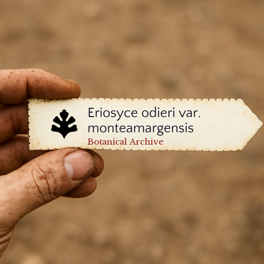 Trykt plantelapp for Eriosyce odieri var. monteamargensis holdt i hånden med jordbakgrunn