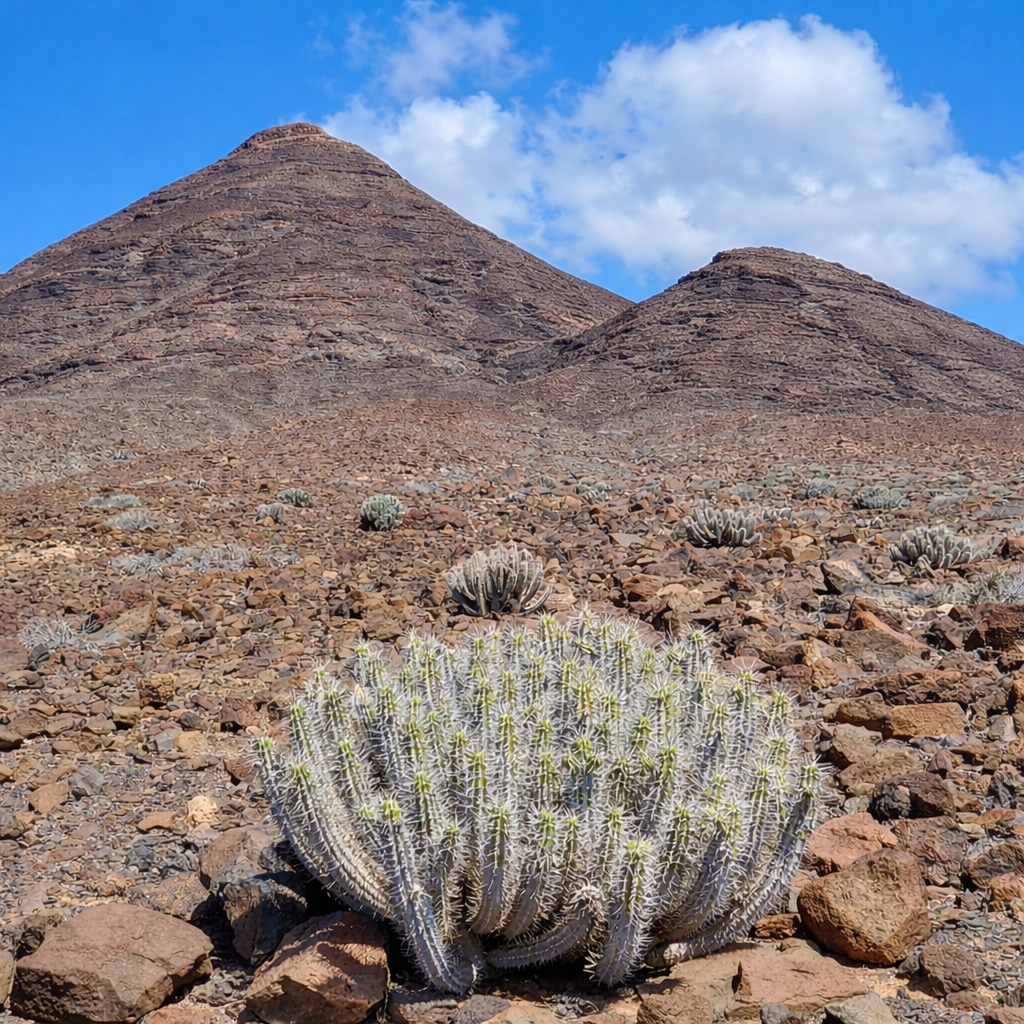 Euphorbia handiensis succulent with dense spines and segmented stems in arid rocky terrain