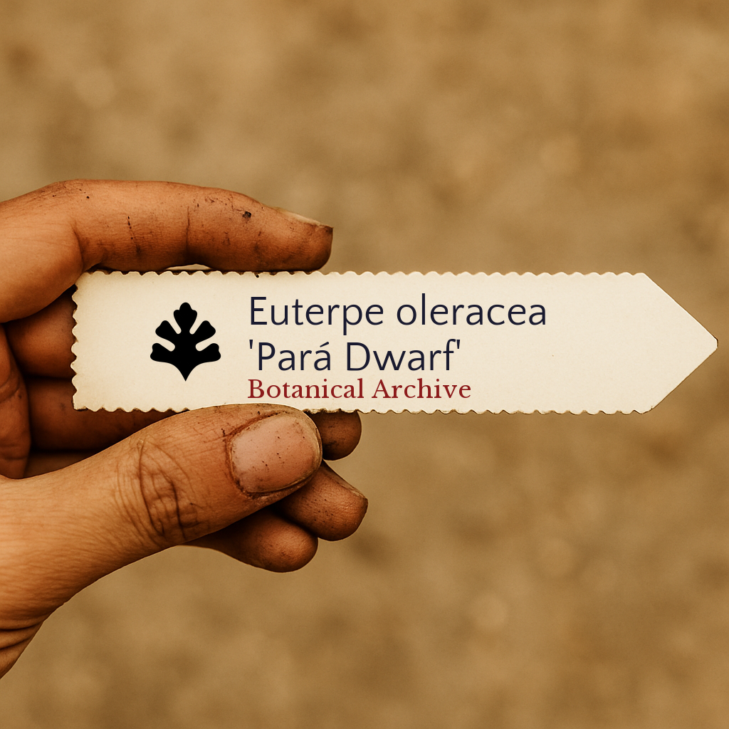Gedrukte plantenlabel voor Euterpe oleracea 'Pará Dwarf' vastgehouden in de hand met een achtergrond van aarde