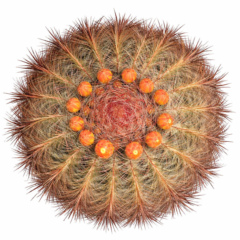 Ferocactus stainesii var. pringlei rare cactus with orange fruit and dense spines top view