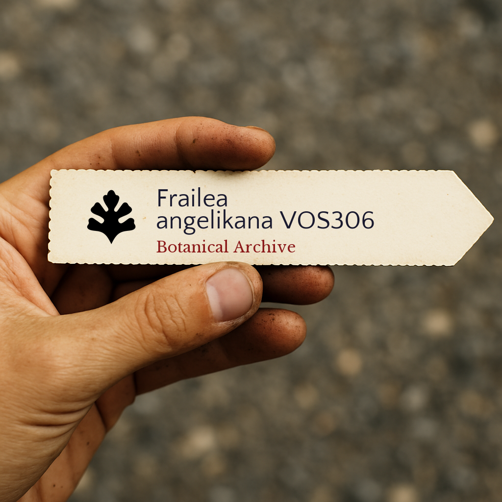 ป้ายต้นไม้พิมพ์สำหรับ ฟราเลีย แองเจลลิกานา VOS306 ถือด้วยมือบนพื้นดิน