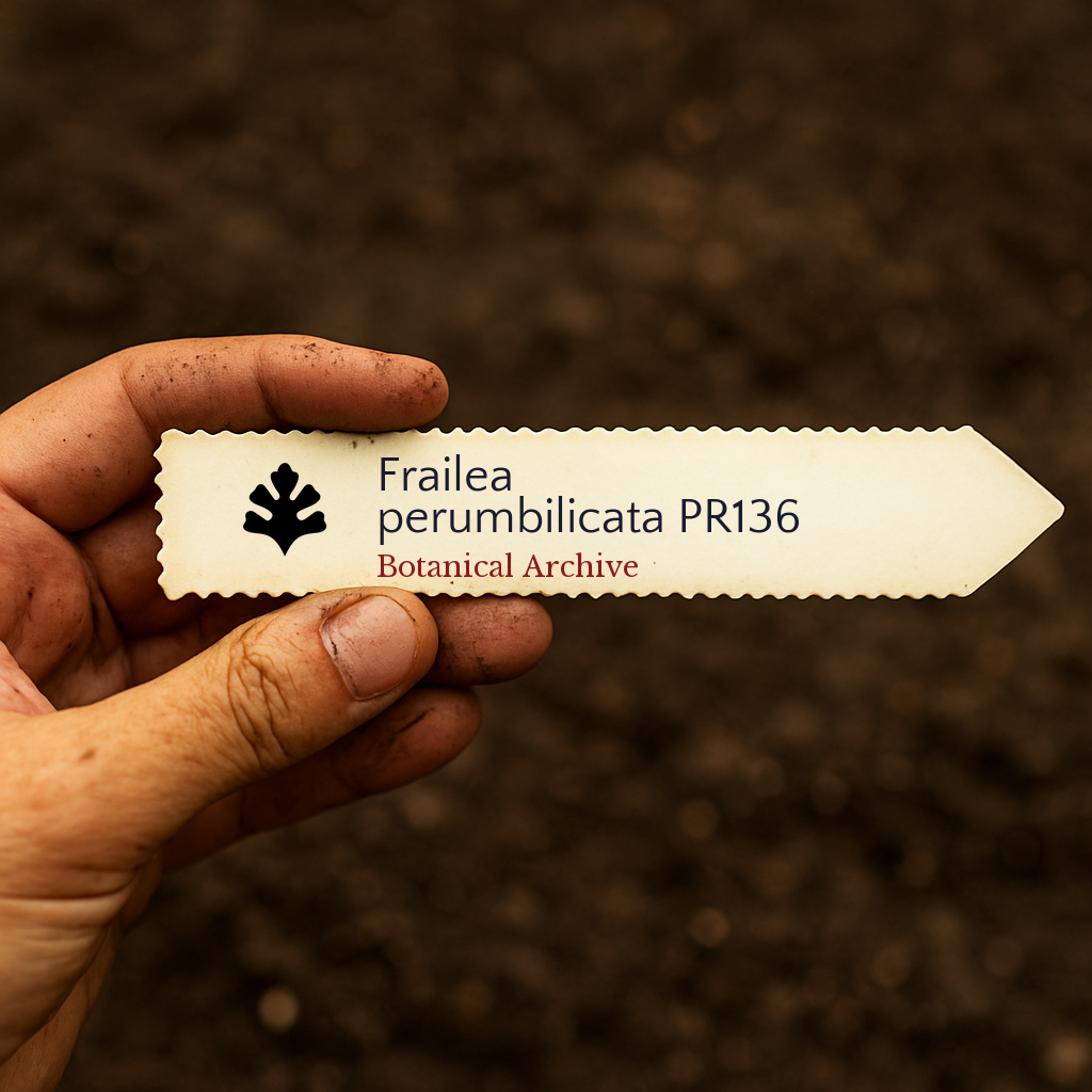 Etichetta stampata per pianta Frailea perumbilicata PR136 su sfondo di terreno