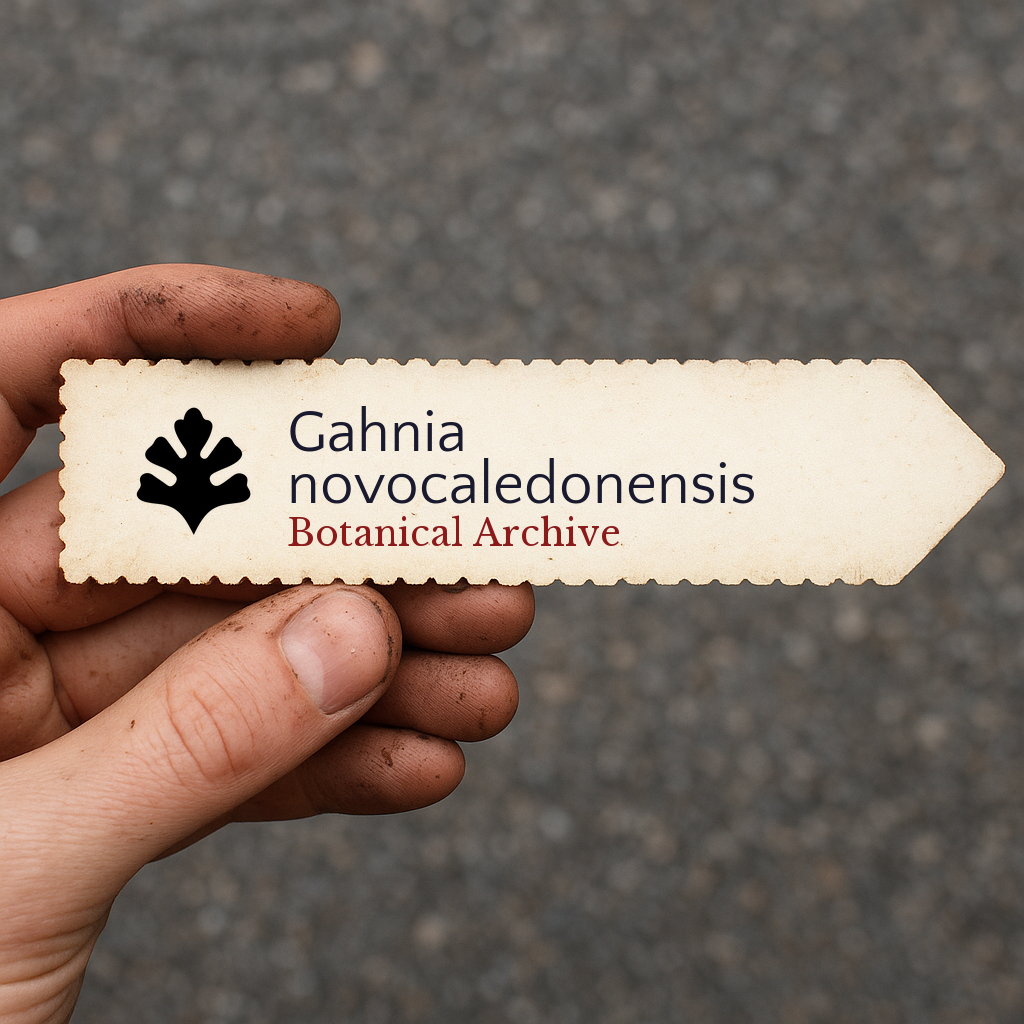 Etichetta per piante stampata per Gahnia novocaledonensis con logo Botanical Archive tenuta a mano