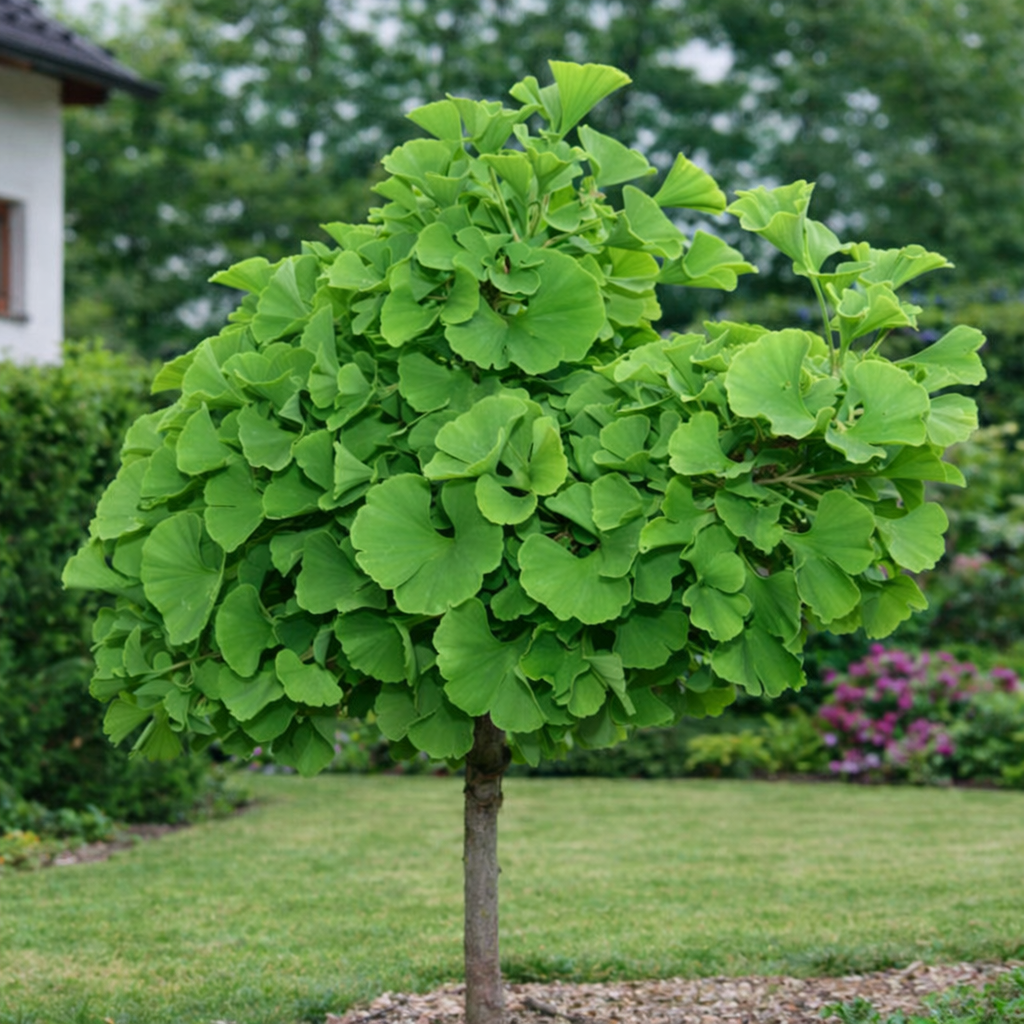 Ginkgo biloba cv MARIKEN dwarf form small tree with bright green fan-shaped leaves