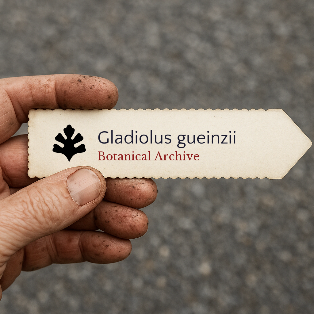 Etiqueta impresa para planta Gladiolus gueinzii sostenida por una mano sucia al aire libre