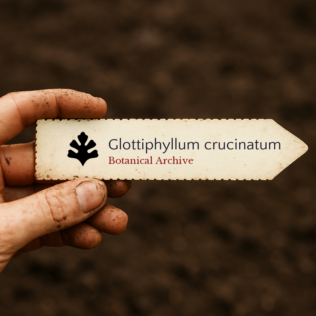 Étiquette de plante imprimée pour Glottiphyllum crucinatum tenue par une main sale sur un fond de terre