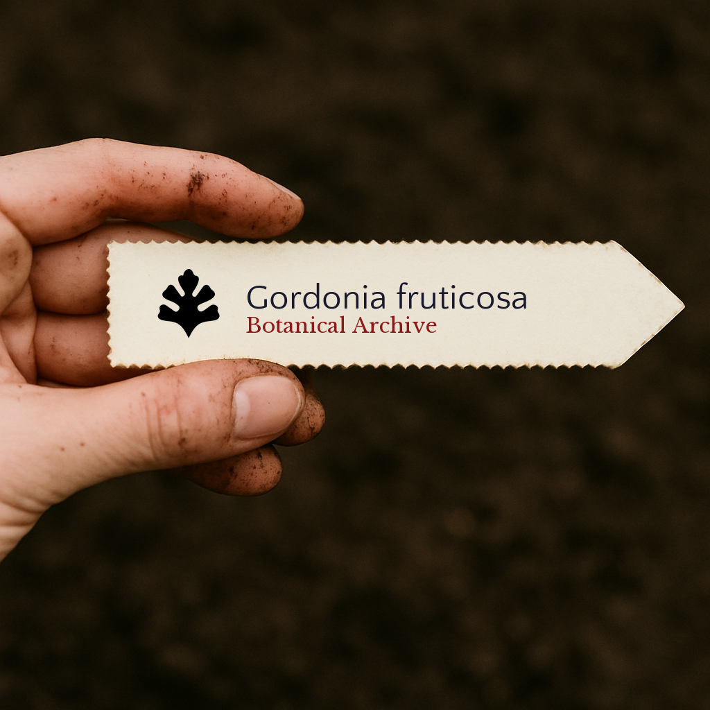 Etiqueta de planta impresa para Gordonia fruticosa sostenida por una mano sucia sobre un fondo de tierra