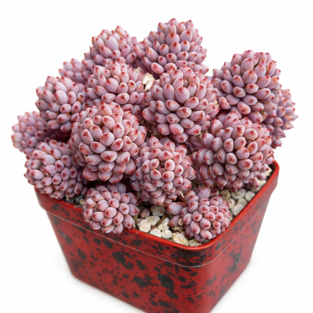 Graptopetalum pachyphyllum succulent with plump pinkish-purple clustered leaves in red pot