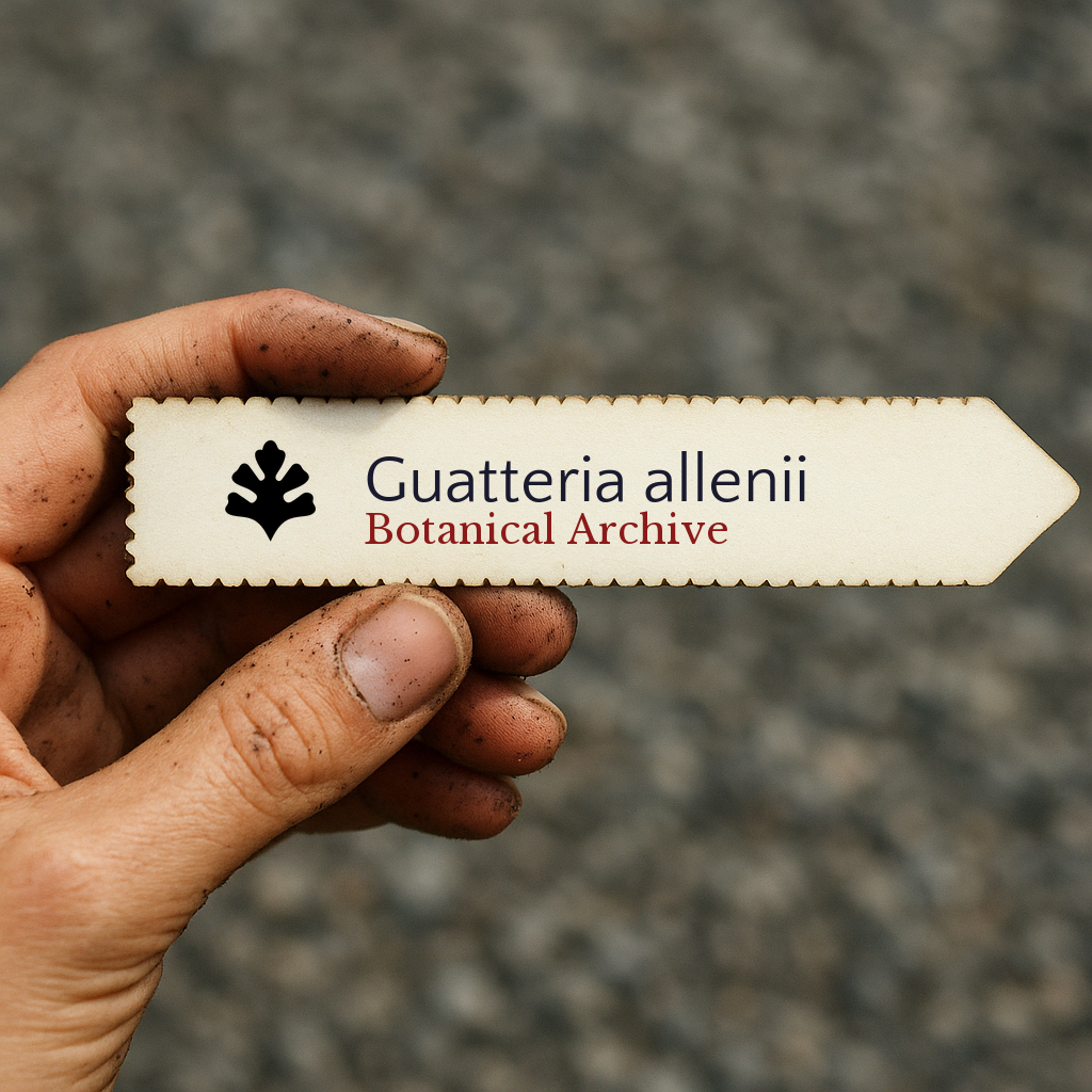 Étiquette de plante imprimée pour Guatteria allenii tenue à la main avec des doigts tachés de terre