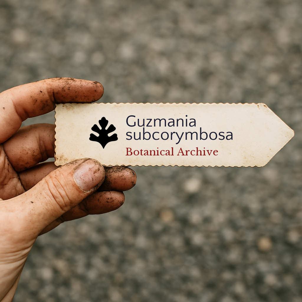 Bedrukt plantenlabel voor Guzmania subcorymbosa vastgehouden door een vuile hand buitenshuis