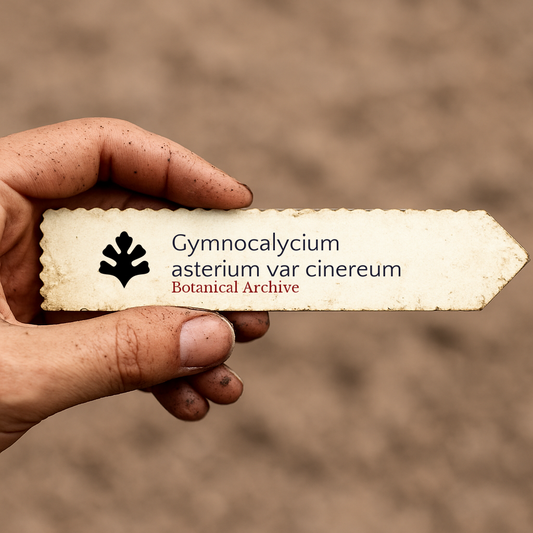 Printed plant label for Gymnocalycium asterium var cinereum held by dirty hand outdoors