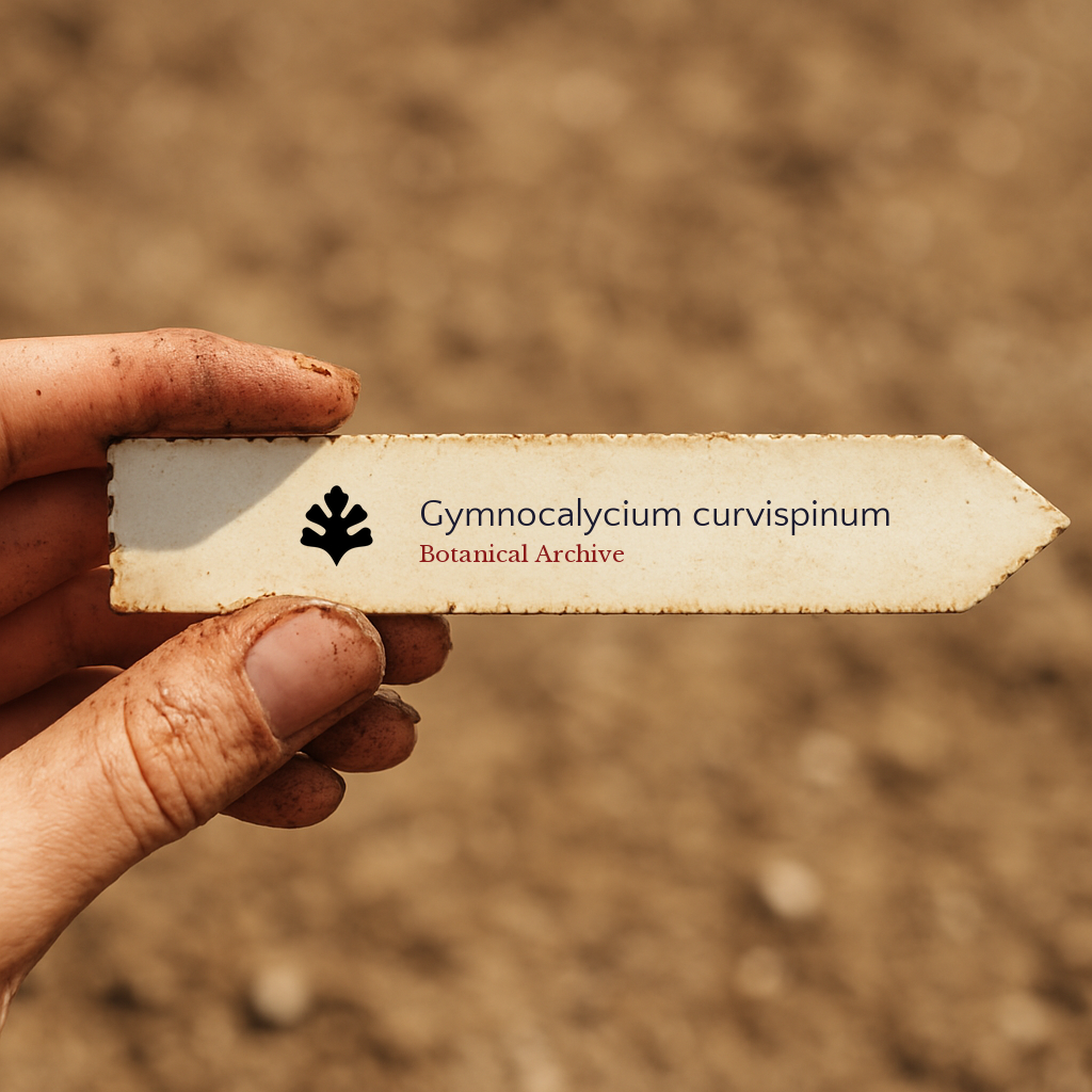 Bedrucktes Pflanzenetikett für Gymnocalycium curvispinum, gehalten von einer schmutzigen Hand vor einem Bodenhintergrund