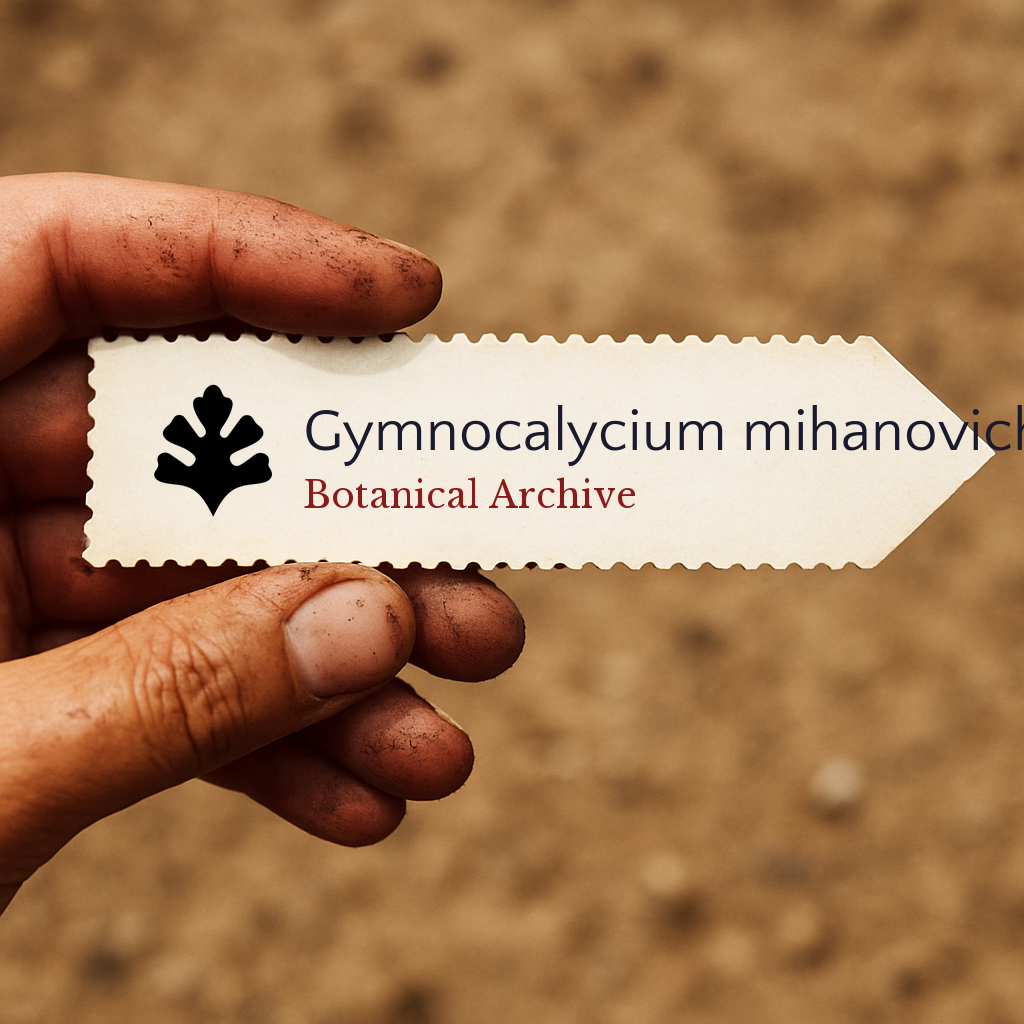 Printed plant label for Gymnocalycium mihanovichii held by dirty hand outdoors