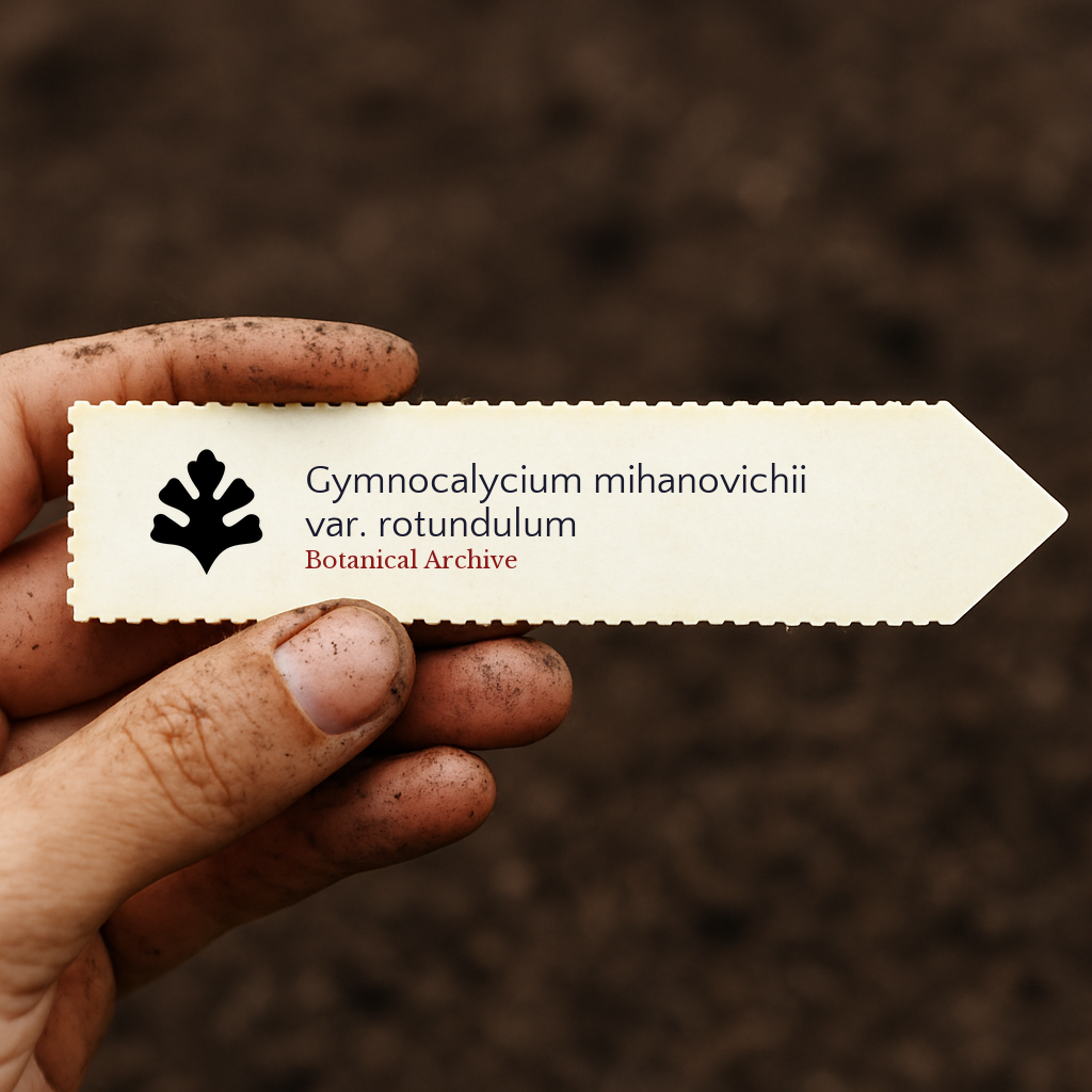 Etiqueta impresa de planta para Gymnocalycium mihanovichii var. rotundulum sostenida por una mano sucia sobre fondo de tierra