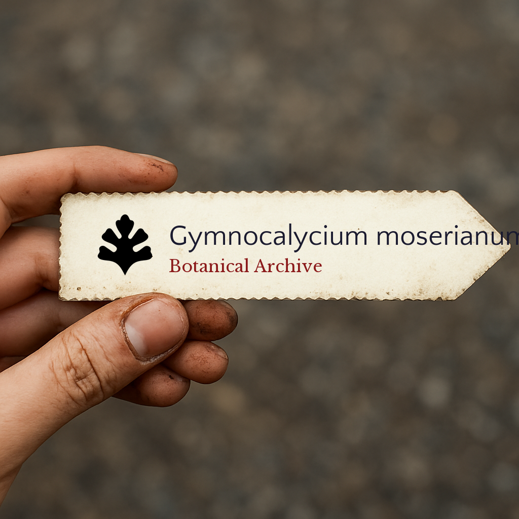 Étiquette de plante imprimée pour Gymnocalycium moserianum avec le logo Botanical Archive tenue à la main