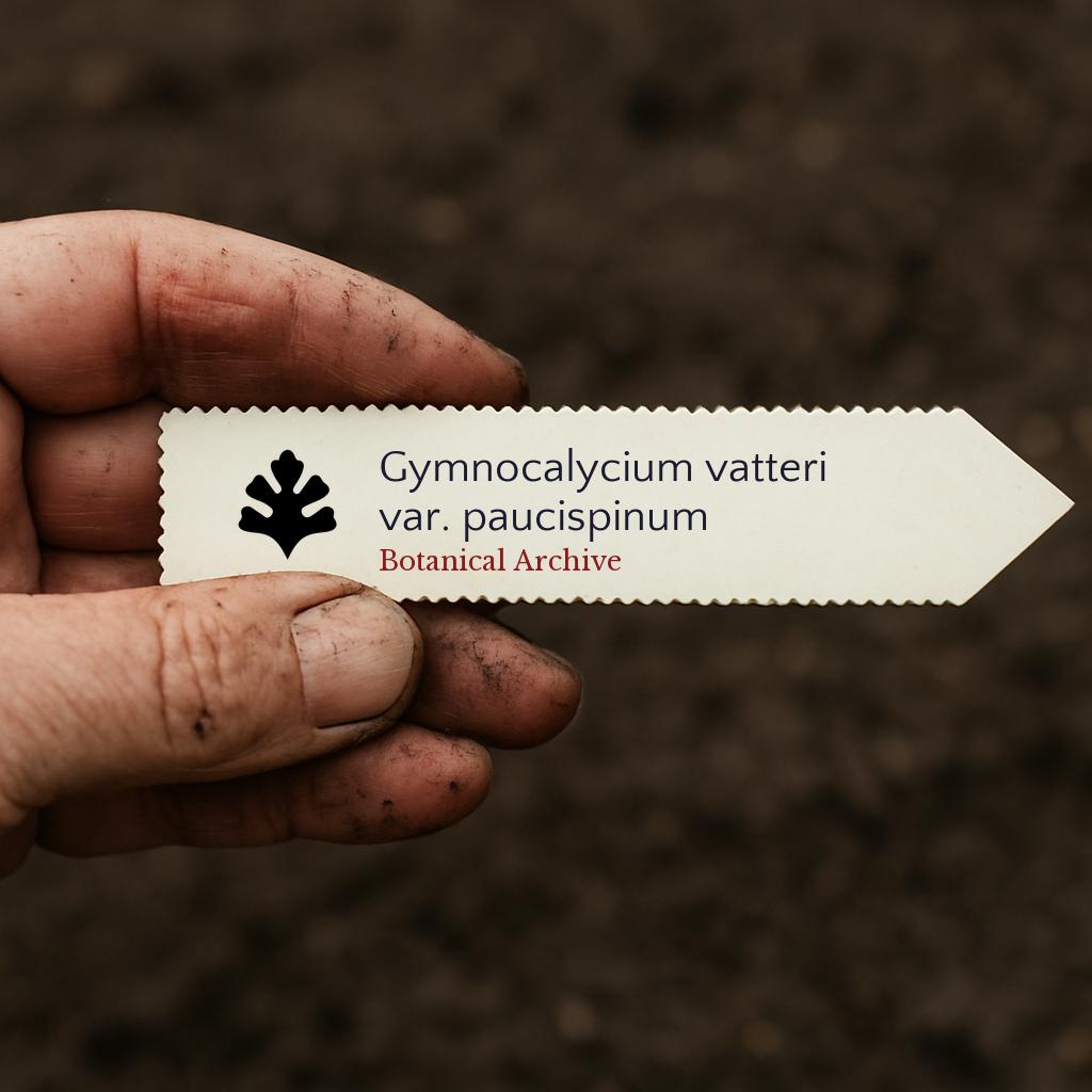 Etichetta vegetale stampata per Gymnocalycium vatteri var. paucispinum tenuta da una mano sporca su sfondo di terreno
